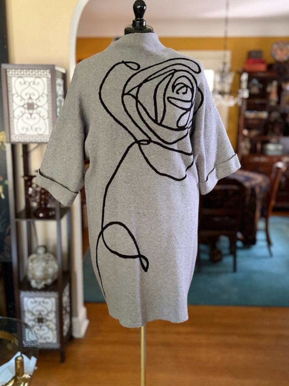 Earthaddict South African Gray Knit Floral Line Art Sweater Dress